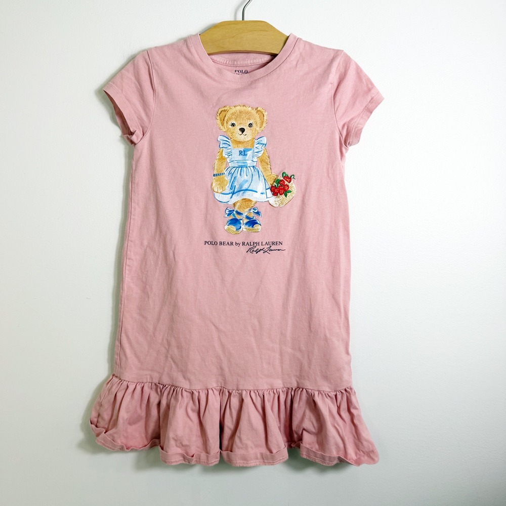 Polo Ralph Lauren T-Shirt Dress Girls 6X Pink Polo Bear Ruffle Hem Graphic
